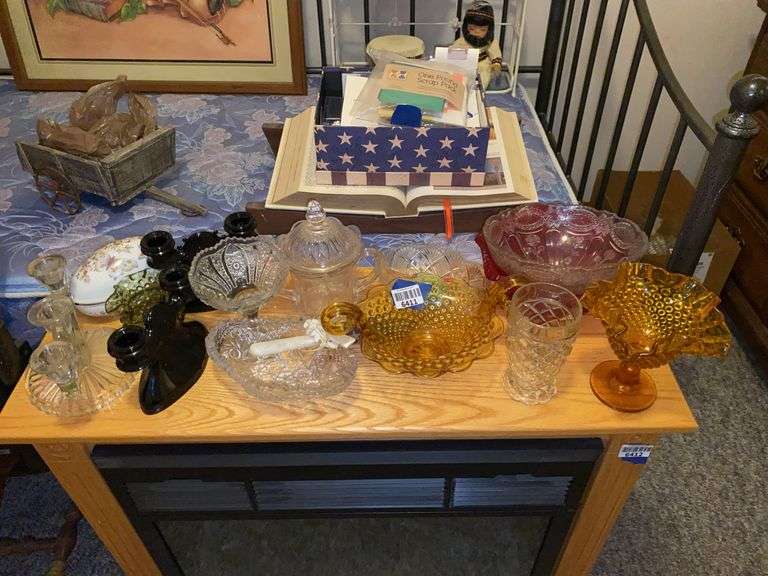 Glassware including: pair of black double candleholders, amber and green hobnail, ruby bowl, china egg