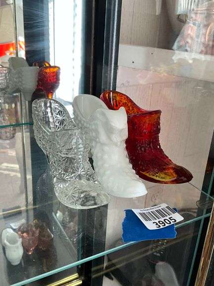 Three Fenton glass shoes: clear, milk glass, amberina