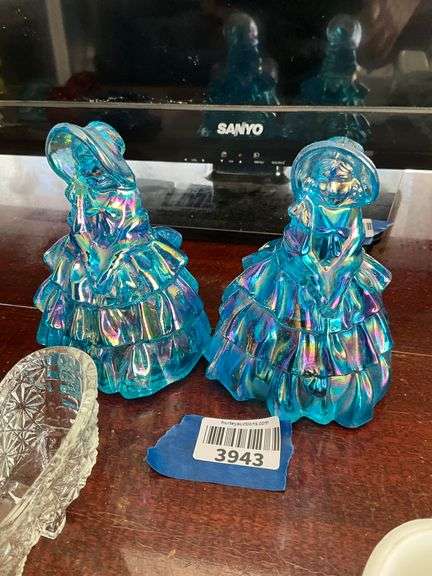 Two blue iridescent glass Southern Belle figurines