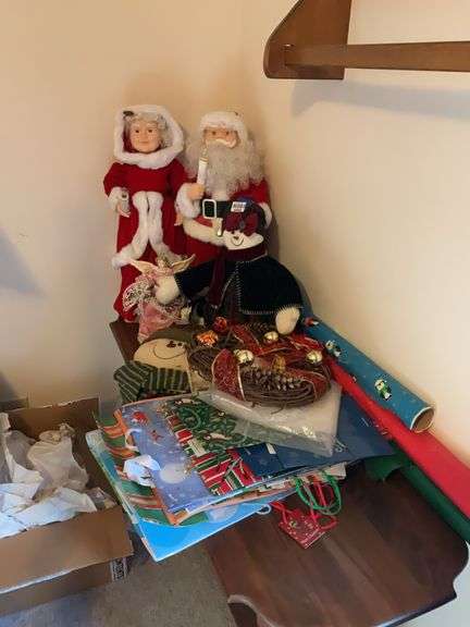 Lighted Santa & Mrs. Claus figures, snowmen, angel figure, gift wrap