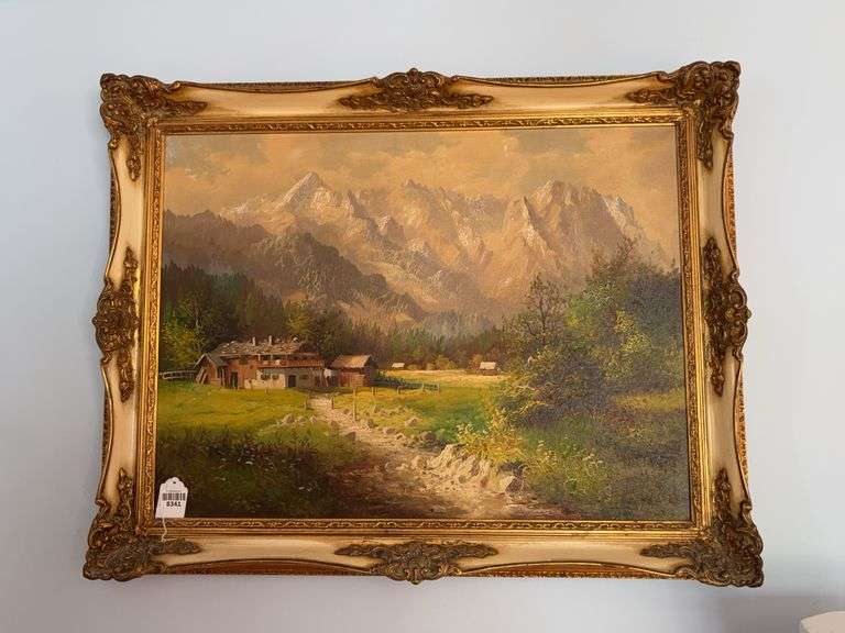 Painting, European mountain landscape, signed, in gilt frame 29.5x38