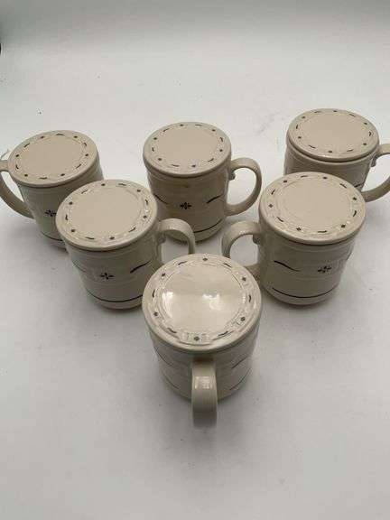 Longaberger pottery 6 coffee mugs with lids blue trim