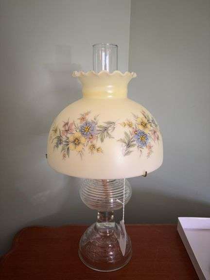 Glass stand oil lamp w/ floral decorated milk glass shade