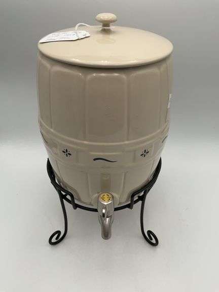 Longaberger Pottery water keg with rack, blue trim