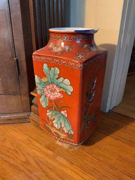 Square Chinese porcelain vase, lotus motif on orange ground