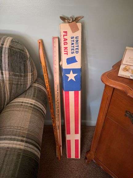 Advertising yardsticks, and US flag in box