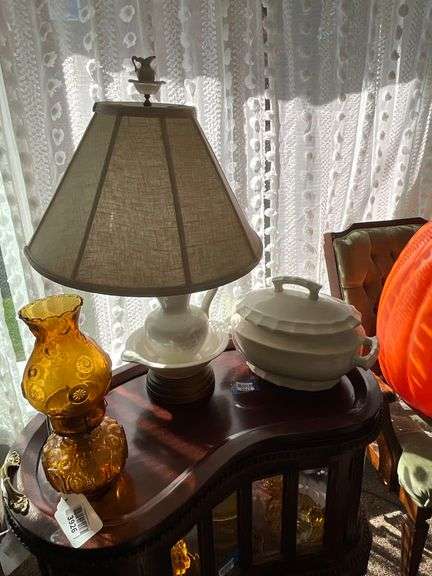 White ceramic bowl & pitcher table lamp w/ shade, and covered tureen