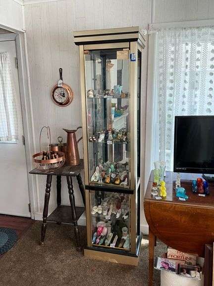 Lighted curio cabinet w/ mirrored back, glass shelves - no contents 18.75x72x14 - MUST COME DURING LAST 2 HOURS OF PICKUP FOR THIS ITEM