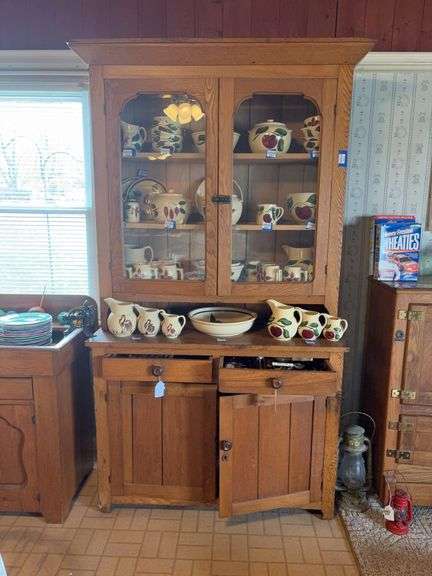 Oak stepback cupboard w/ angled cornice, glazed top doors, over drawer and paneled door cupboard base - no contents 46x18.5x84 - MUST COME DURING LAST 2 HOURS OF PICKUP FOR THIS ITEM