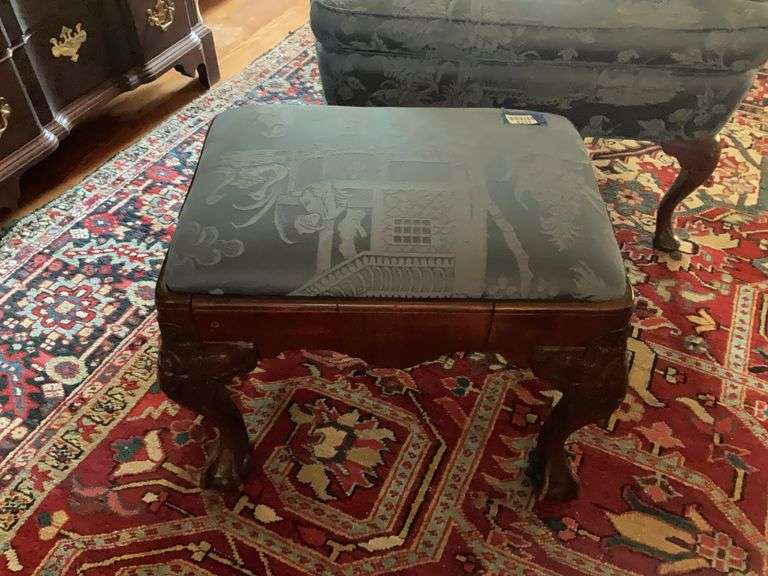 Foot stool w/ carved cabriole legs ending in claw & ball feet, blue damask upholstery