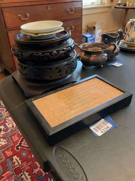 German souvenir ashtray, asian wood bases, wooden tray
