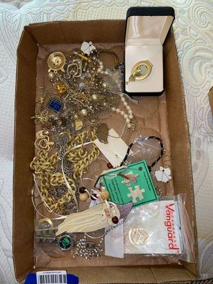 Costume jewelry: chains, pendants, Girl Scout watch, rhinestone necklace