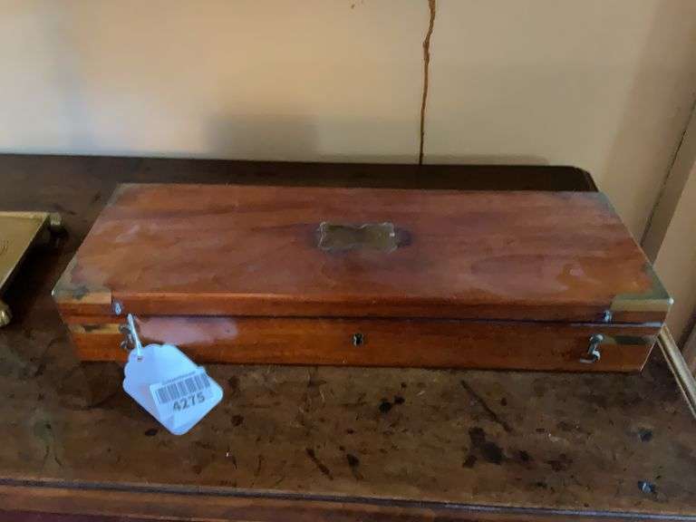 Brass bound wooden box w/ hinged lid