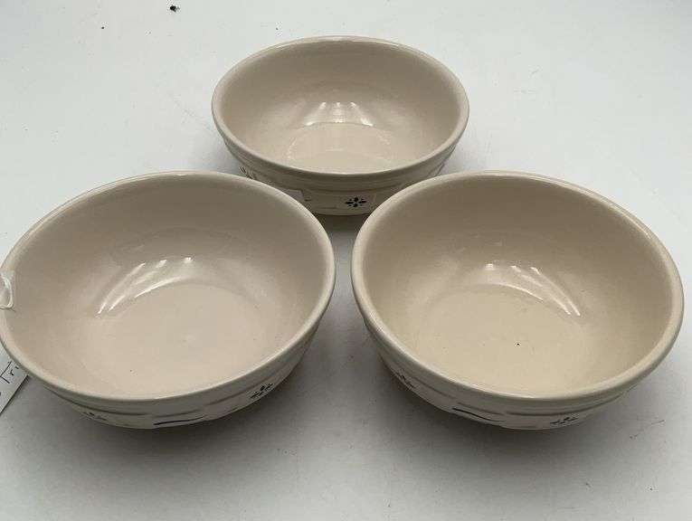 Longaberger pottery 3 cereal bowls blue trim