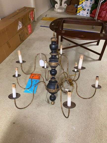 Wood and metal hanging chandelier light fixture