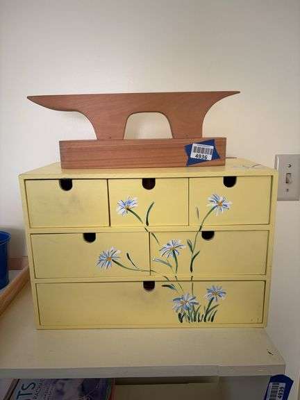 Wooden point presser/clapper, and painted organizer box w/ contents: pens, pencils, erasers