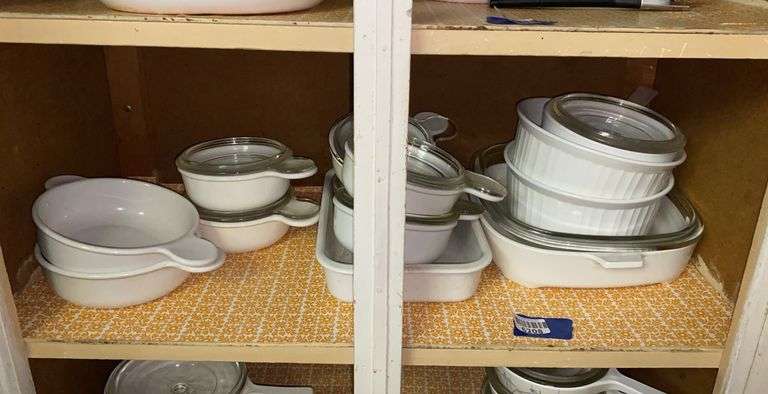 Contents of shelf: Corningware including French White