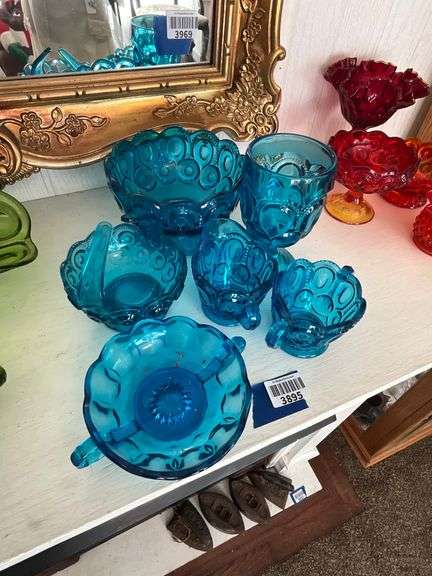 Blue Moon & Star glassware including: basket, sugar/creamer, goblet, footed bowl