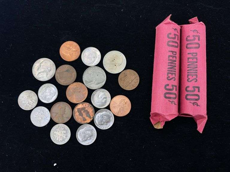 Two rolls of pennies and assorted coin lot