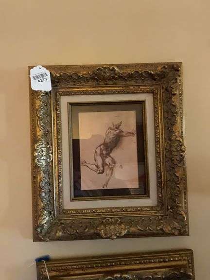 Michelangelo print, seated nude male study for "Battle of Cascina", framed 16x18