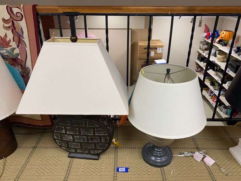 Two table lamps w/ shades: Chinese bronze style, glass orb 31” and 24”