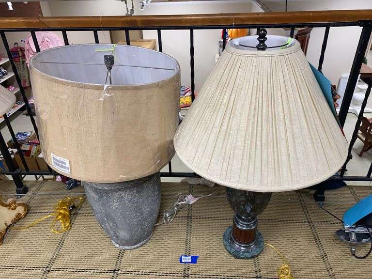 Two table lamps w/ shades: stone look, urn base 32” and 36”