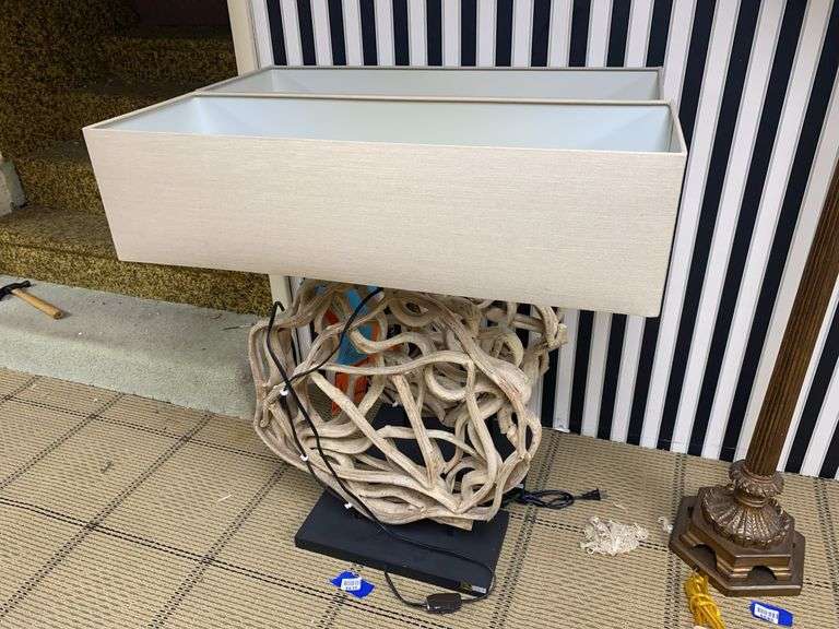 Pair of openwork table lamps w/ rectangular shades Both 33.5”