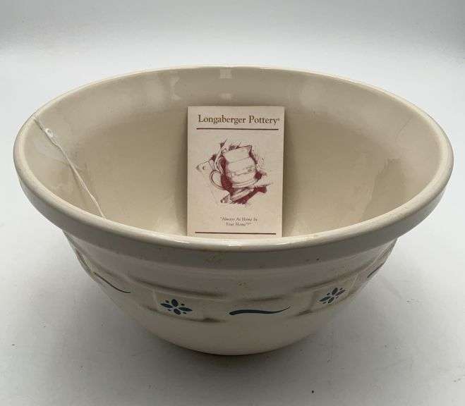 Longaberger Pottery large mixing bowl, blue trim