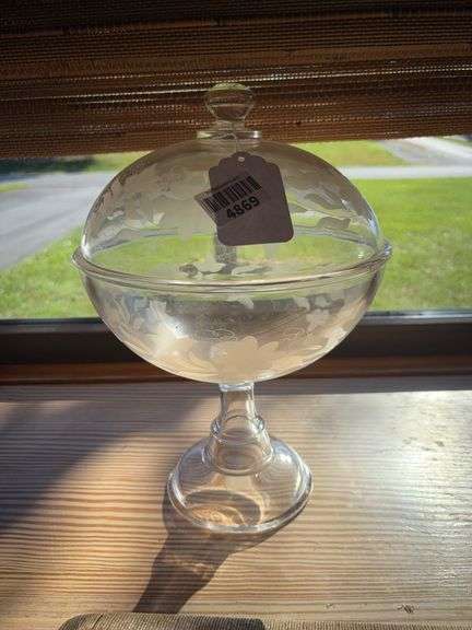Antique pressed glass covered compote w/ engraved leaf/vine decor