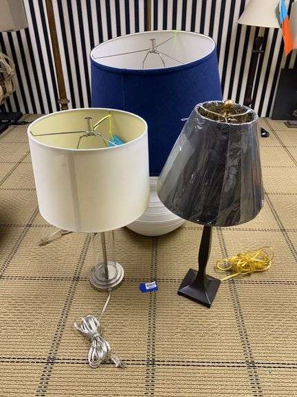 Three table lamps w/ shades: glass cylinder, square column, white pottery 24” 27” and 30”