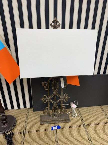 Table lamp w/ cast open metalwork base, rectangular shade 38”