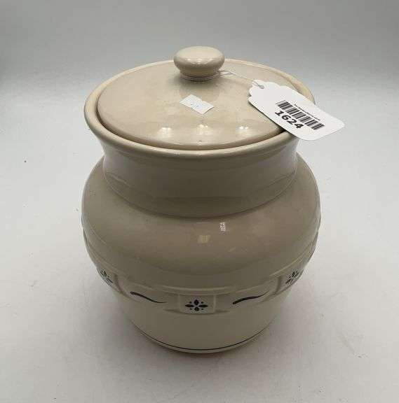 Longaberger pottery extra large canister with lids blue trim