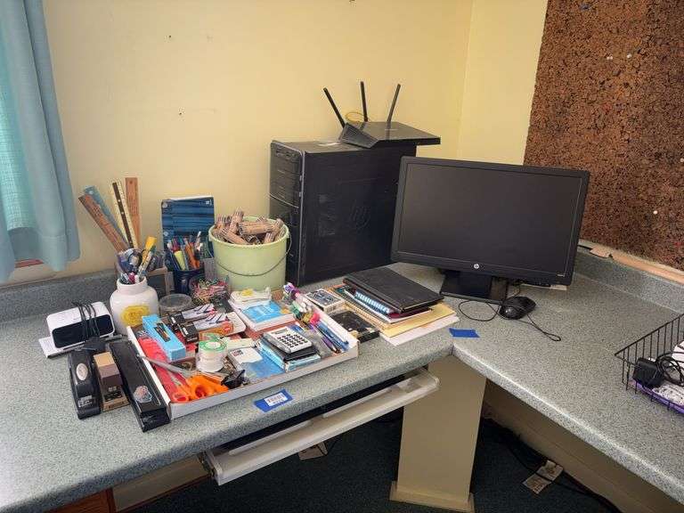 HP desktop computer and monitor, digital clock, coin wrappers, desk supplies lot