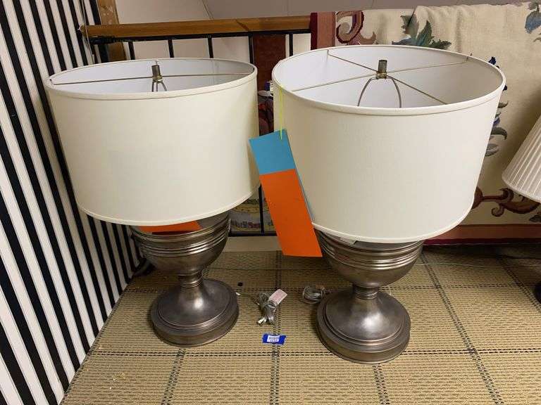 Pair of table lamps w/ shades: pewter look Both 32”