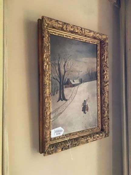 Naive Victorian painting, snow landscape, in fancy gilt frame 16 x 22