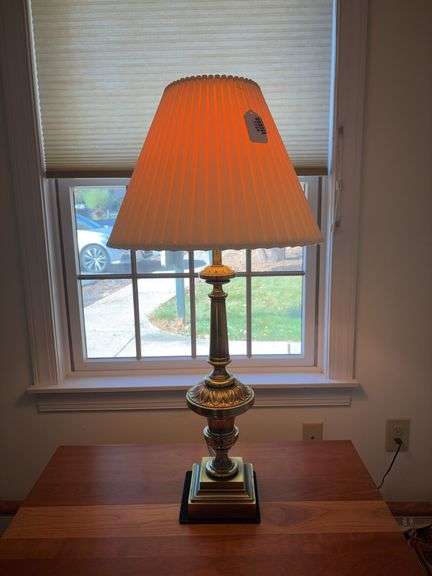 Brass tone table lamp w/ pleated shade
