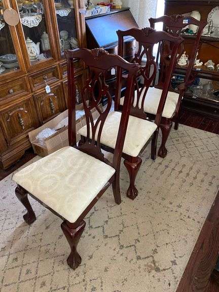 Set of three Chippendale chairs w/ pierced back splats, claw & ball feet, upholstered seats