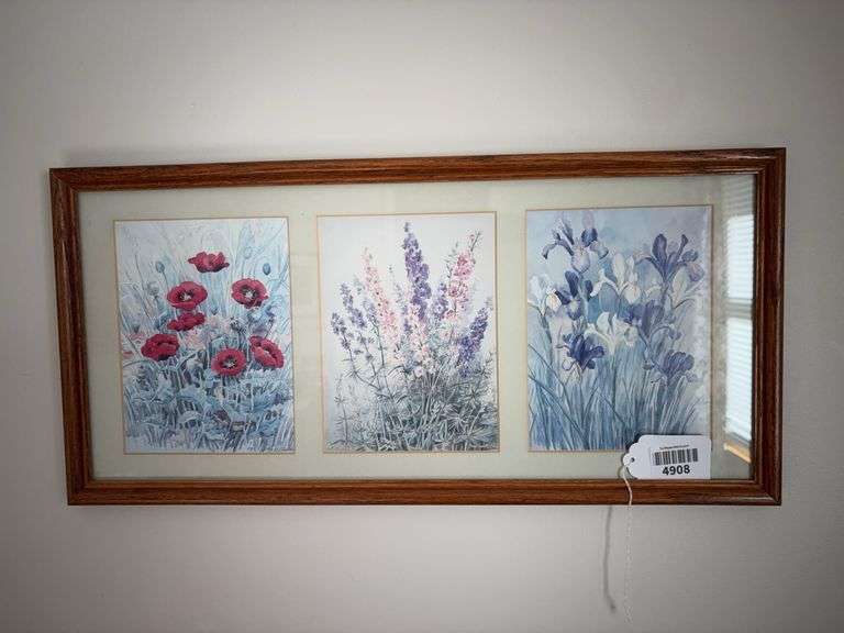 Two framed prints: flowers, Teddy bear puzzle 11x23, 22.5x29