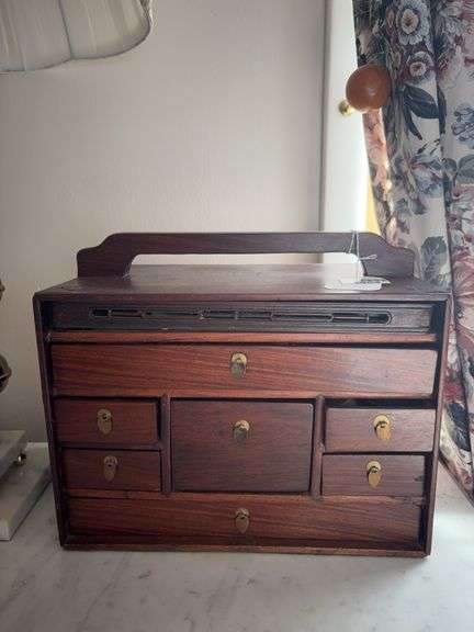 Asian jewelry chest and contents: chain, lapel pins, pinback buttons, misc jewelry