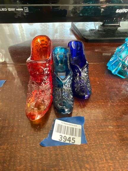 Three Daisy & Button glass shoes: amberina, blue, cobalt blue
