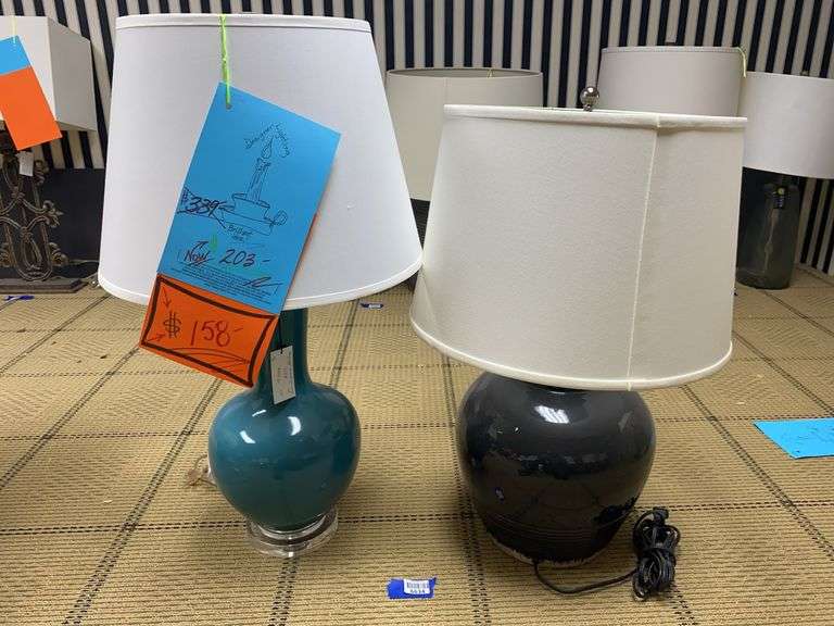 Two table lamps w/ shades: glazed pottery 32” and 28”