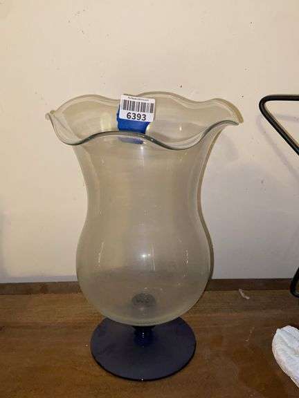 Blown glass vase on cobalt blue stem and foot