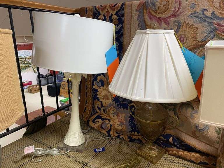 Two table lamps w/ shades: palm tree, cut glass w/ metal mounts32” and 30”