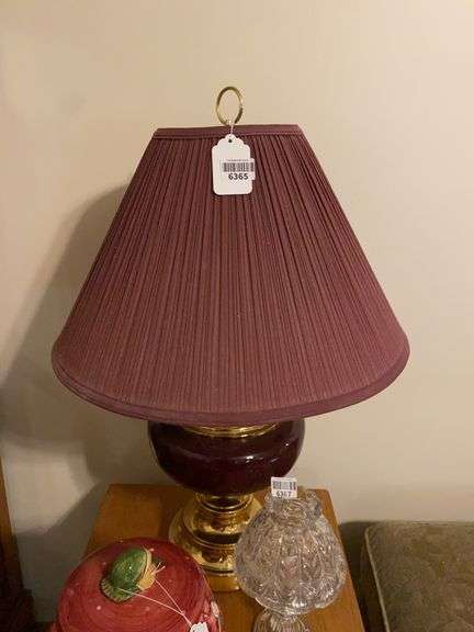 Table lamp w/ ruby base insert, pleated fabric shade