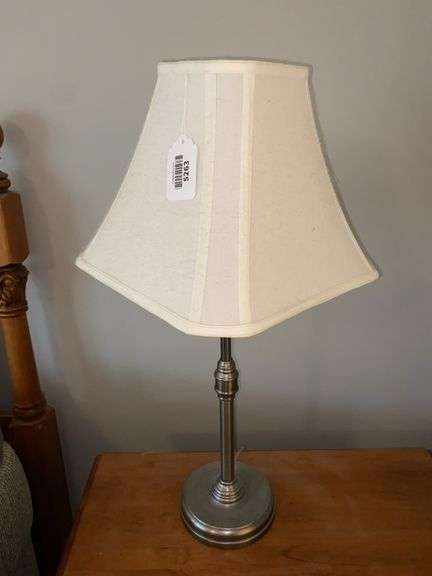 Pair of brushed chrome swivel table lamps w/ square fabric shades - by the pc take two