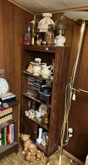 Shelf unit and contents: figurines, milk glass, CDs, cassette tapes, oil lamp, gumball machine, decor items 24x59.5x9.5