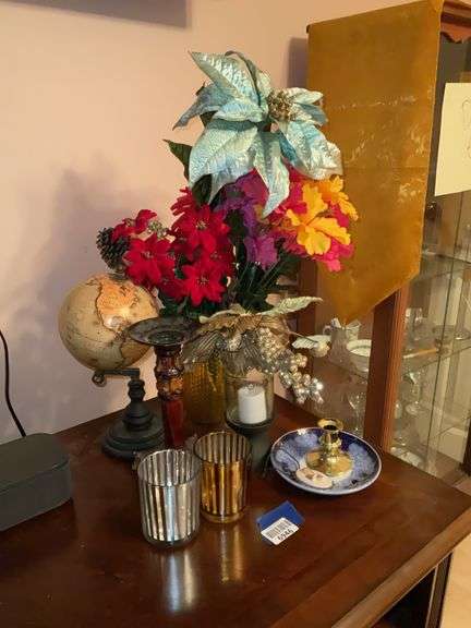 Faux flowers, world globe, votive holders, candleholders, blue saucer