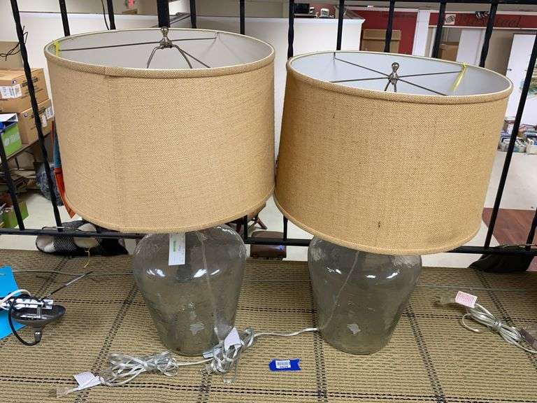 Two table lamps w/ shades: blown glass w/ burlap shades 30” and 29”