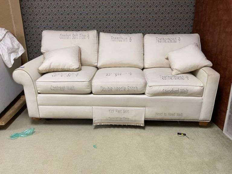 Sample sofa w/ lettering, and two throw pillows 80x37x33