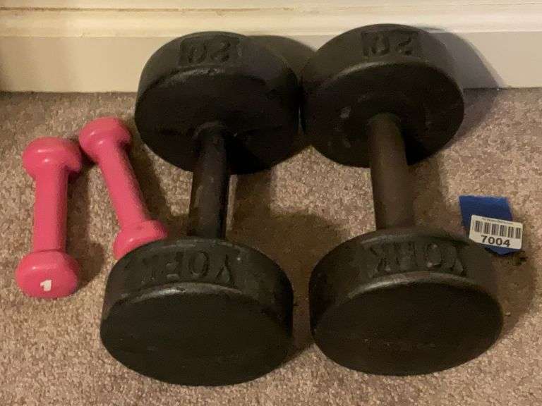 Pair 20lb York weights, and pair of hand weights